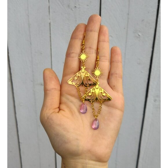 Gold Moth Dangle Earrings with Sun Charms and Pink Crystal Drops | Celestial - Picture 3 of 4
